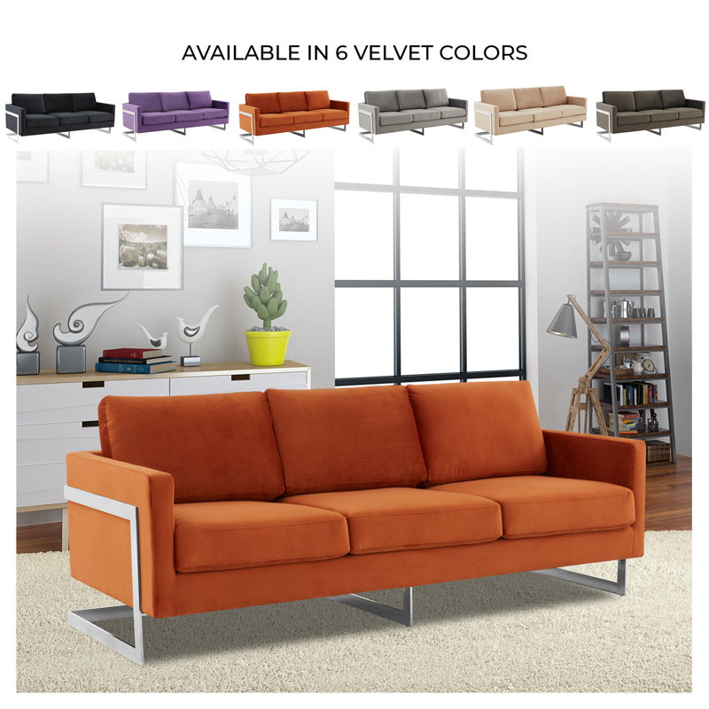 Elegant Velvet & Wood Sofa in Orange Marmalade with Gold Steel Legs