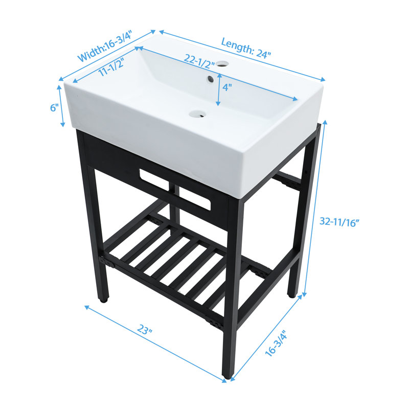 Lavabo de salle de bain console 24 po x 17 po avec pieds en acier inoxydable, lavabo intégré en céramique, tablette ouverte, compatible avec un robinet monotrou