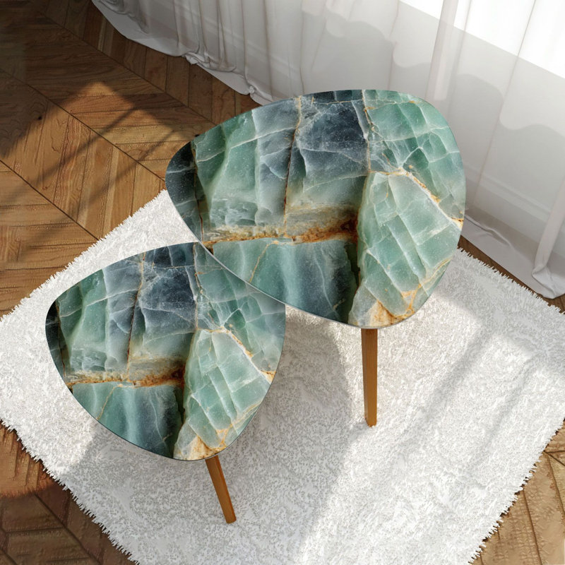 Ensemble de 2 tables basses gigognes triangulaires en marbre vert cristal et table de bout en pierre de quartz polie, Green