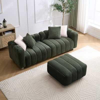 Compact Two-Seater Sofa With Ottoman – Wooden Frame, Sponge Cushioning & Corduroy Fabric