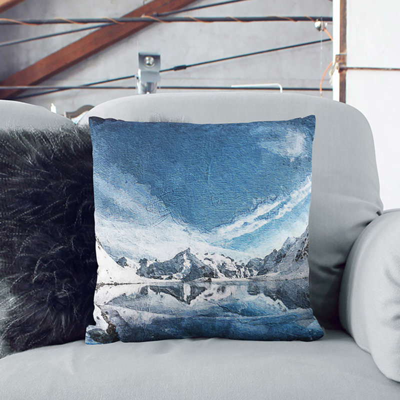 Winter Mountain Reflection Cushion with Filling, 40cm H x 40cm W x 15cm D, White