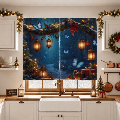 2Pcs Enchanting Forest Butterfly Lantern Curtains, Light Filtering Fabric, Winter Wonderland Scene with Snowfall and Festive Decorations, Rod Pocket Design, Ideal for Living Room, Bedroom, Holiday Decor