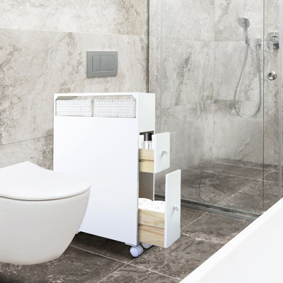 Armoire de rangement mince pour salle de bain roulante avec 2 tiroirs et paniers tissés, chariot de rangement résistant à l'eau avec roulettes verrouillables pour l'espace latéral de la toilette