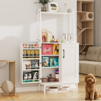 51.2" Tall White Multifunctional Pet Storage Cabinet, Dog & Cat Food Organizer with Adjustable Shelves, Open Side Shelving, and Magnetic Doors, Anti-Tilt Pet Pantry for Food, Toys, and Supplies