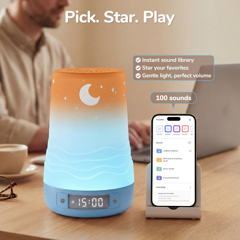 Machine à bruit blanc pour bébé et adulte dormant avec veilleuse | App Télécommande, détection de pleurs d'IA, 100 sons apaisants, générateur de routine, cadeau de douche 360 ° RVB pour enfants