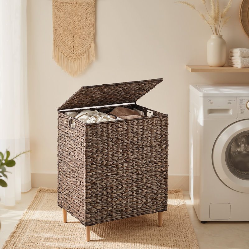 Laundry Hamper 2 Sections, 34.3 Gal. (130 L) Handwoven Water Hyacinth Wicker Laundry Basket With Lid, Natural Material, Removable Machine Washable Liners, Handles