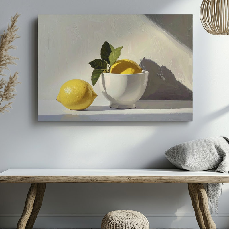 «Minimal Lemon Still Life Canvassoft Yellow Fruit with White Bowl» sur toile d'art neutre, H 20 po x l 30 po