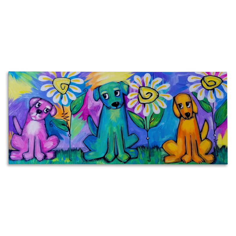 «Puppy Trio with Daisies», art mural par Nettie Price, H 20 po x l 48 po