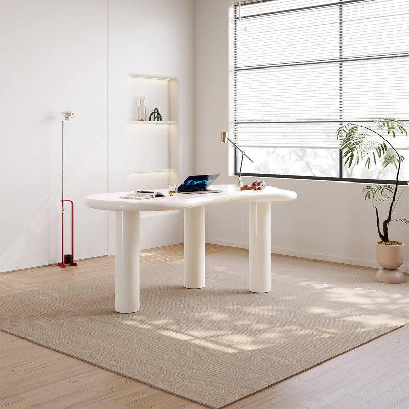 Abishan 65.98" Irregular Dining Table Modern Cream White Indoor Kitchen Table with three Legs ,Modern Executive Desk,Work Desk