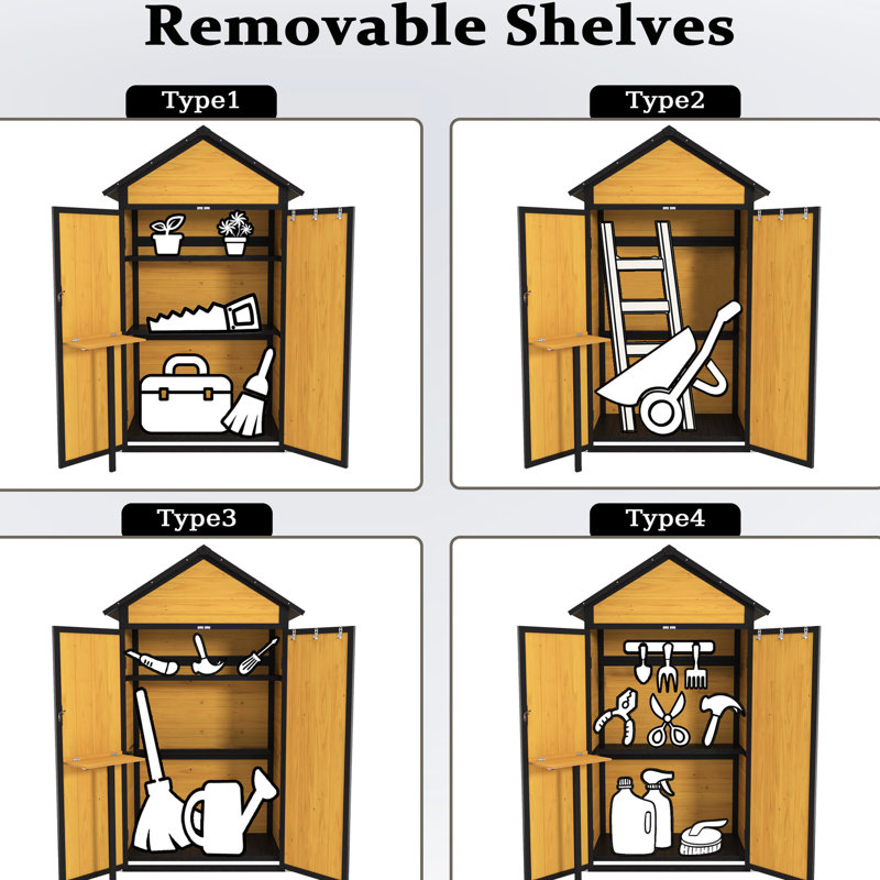 Remise à outils de 69 pouces de hauteur, toit imperméable, table pliable, remise extérieure avec crochets de rangement supplémentaires avec établi, tablettes amovibles pour le jardin