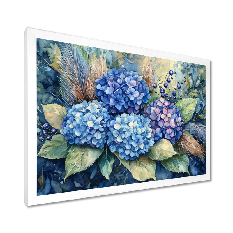 Jangrielle hortensias et plumes décor de ferme - art mural d'hortensias pour le salon, H 16 po x l 32 po, Cadre flottant