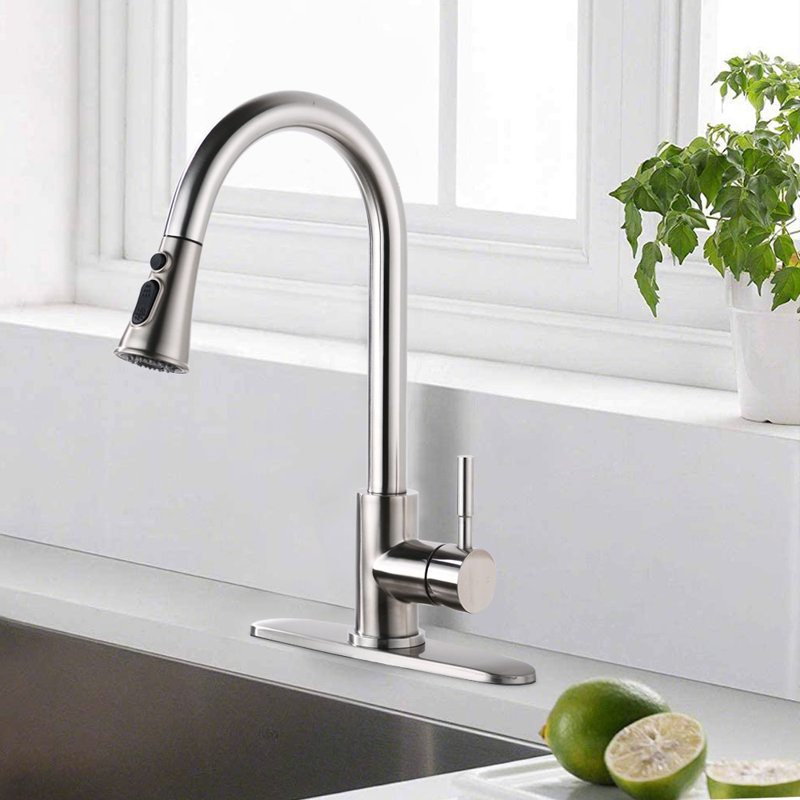 Robinet de cuisine rétractable à poignée simple avec accessoires, Nickel brossé