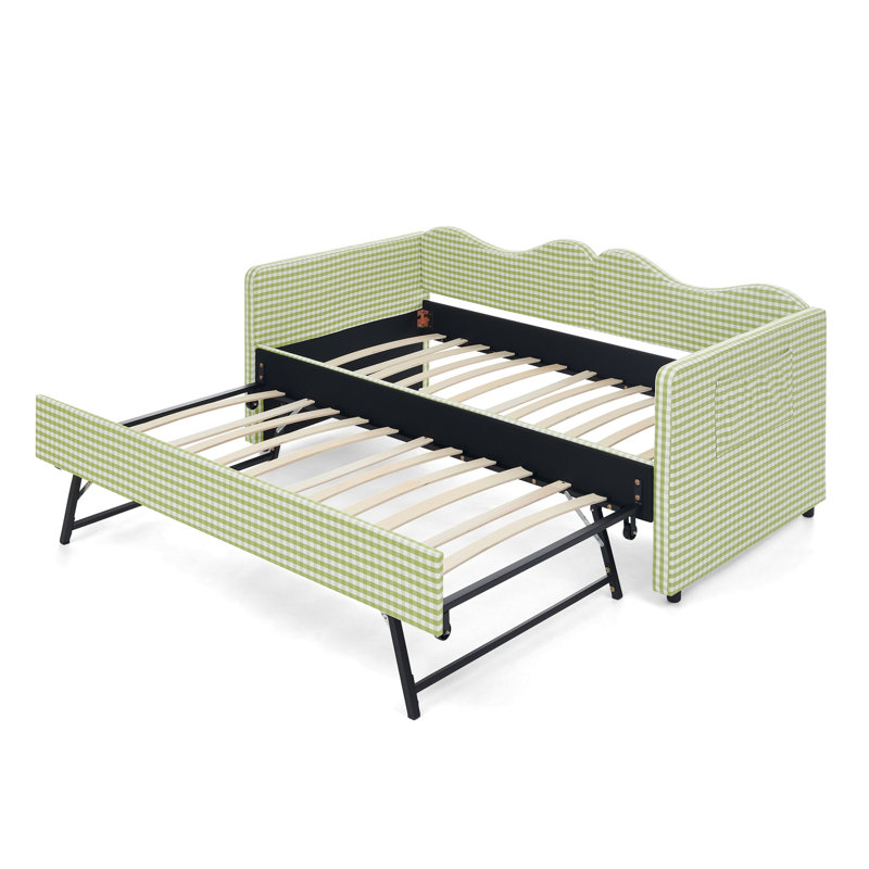Lit de jour simple, lit de jour rembourré en vichy équipé d'un cadre gigogne escamotable et d'une poche de rangement latérale, canapé-lit multifonctionnel en bois massif pour chambre d'enfant et chambre d'amis - vert