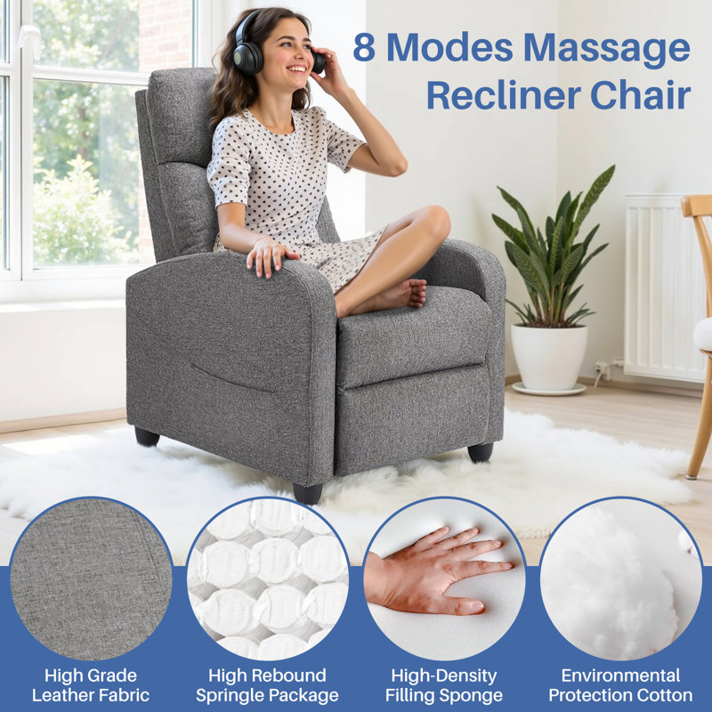 Recliner Chair With Massage And Lumbar Support, Small Fabric Home Theater Seating, Adjustable Modern Reclining Chair For Adults In Living Room