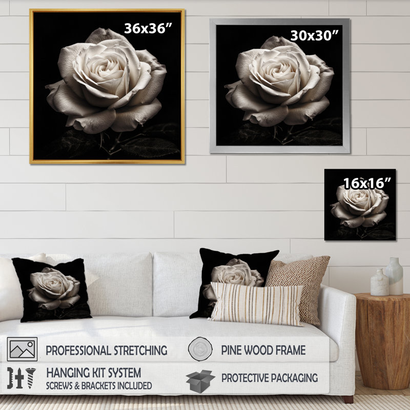 Exquise rose blanche gouttelettes de rosée du matin I - impression, Cadre flottant blanc, H 36 po x l 36 po x P 1,5 po