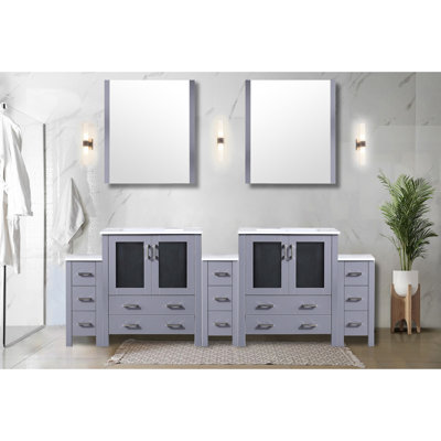 96 po Large meuble-lavabo double gris foncé avec armoires latérales, comptoir en céramique, miroirs et rangement pratique