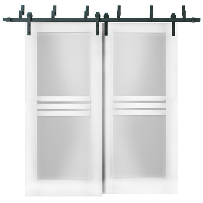 Portes coulissantes de placard en verre opaque à 4 carreaux, style grange, 91,4 x 213,4 cm (36 x 84 pouces), Mela 7222 Blanc Soie Moderne, rails de 2 m (6,6 pi), quincaillerie, porte de placard de chambre en bois massif