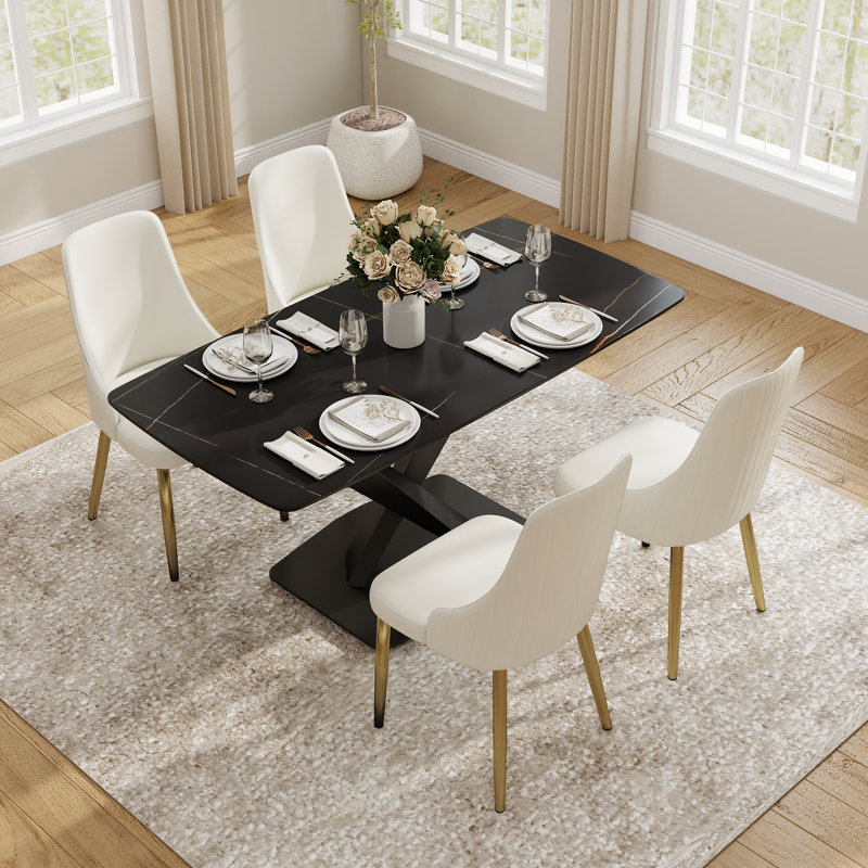 Ensemble de table de salle à manger en pierre frittée pour 4 personnes avec chaises rembourrées en similicuir, Noir