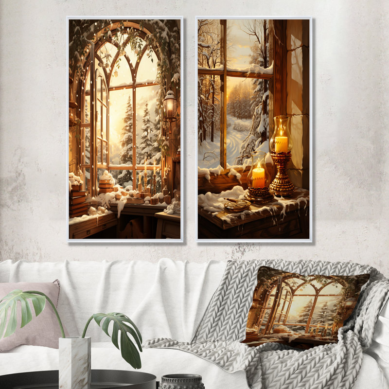 «Christmas Winter Window View I - Winter Landscape», ensemble de 2 impressions sur toile, Cadre flottant blanc