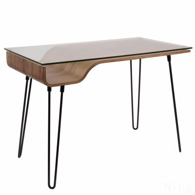 Mid-Century Modern Desk, Walnut Wood, Clear Glass & Black Metal