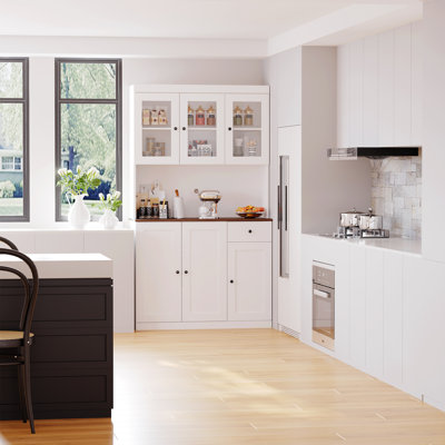 Berkshire 71" Kitchen Pantry Cabinet with Microwave Stand & Acrylic Glass Doors & Drawer