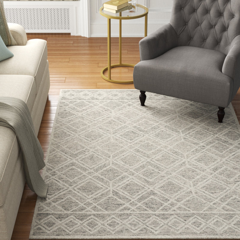 Tapis ivoire / taupe en laine touffeté à la main à motif géométrique Margene, Rectangulaire 8 pi x 10 pi