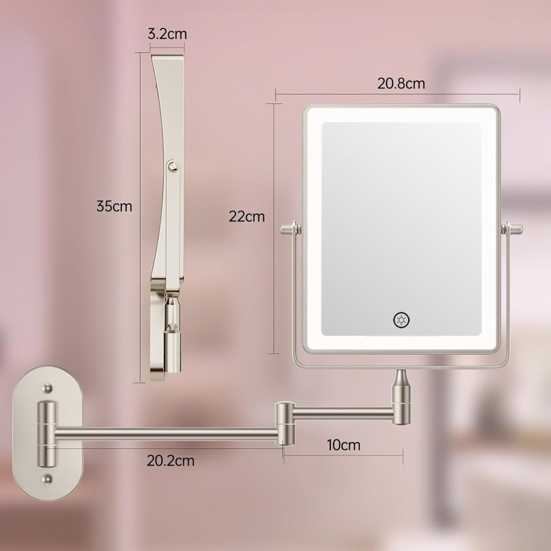 Aaliegha Metal Rectangle Modern LED Lighted Magnifying Wall Mounted Bathroom Vanity Makeup Mirror, Nickel, Nickel