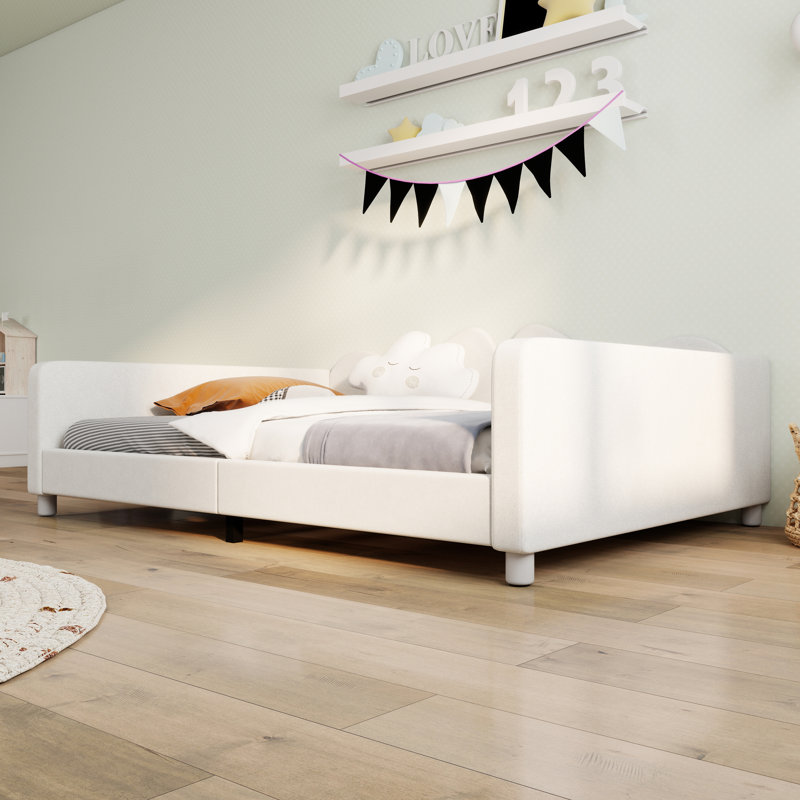 Comfortable Children Sherpa Fabric Upholstered Daybed With Cloud-Shaped Backrest, Full, White