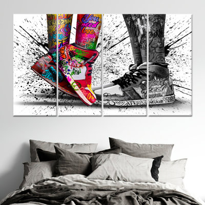 Modern Graffiti Shoes Canvas Print: Sleek Urban Art for Living Room Decor,4P Wrapped Canvas