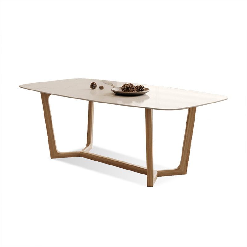 White + Burlywood Rectangular Sintered Stone + Solid Wood Dining Table, 29.53"H x 62.99"L x 31.5"W