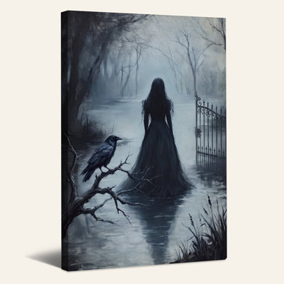 «Ghostly Woman and Raven in Foggy Forest», art mural sur toile