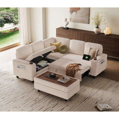 Sherry Corduroy Sleeper Sectional With Storage Chaise,Ottoman And USB Charging