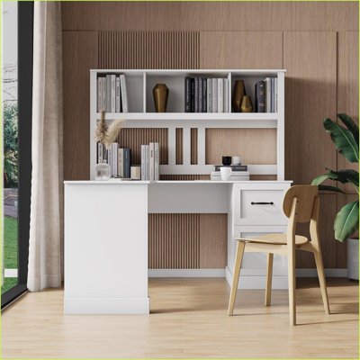 Bureaux avec huche, bureau d'ordinateur blanc antique avec tablettes de rangement Tiroirs | Panneau de fibres à densité moyenne | Blanc