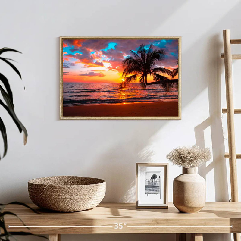 Coucher de soleil sur l'île, Cadre flottant en bois naturel, 19 po x 13 po