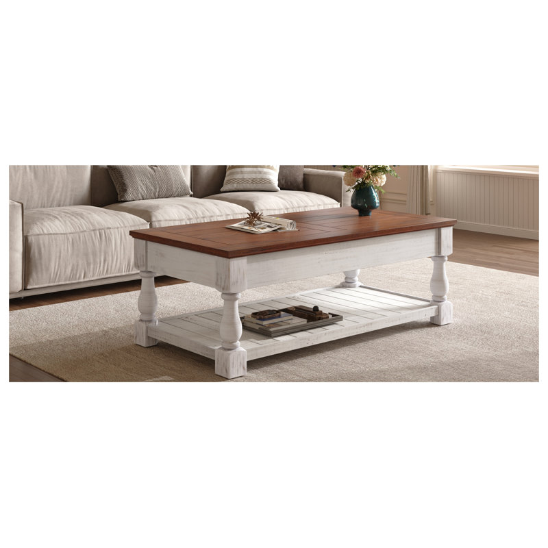 Table basse rustique à plateau relevable avec rangement caché et tablette inférieure, Blanc