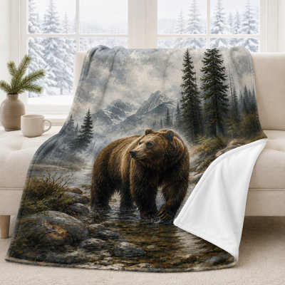Alpine Stream Grizzly Bear Flannel Blanket with Rocky Creek, Pine Forest and Snowy Peaks, Realistic Wildlife Throw for Couch Bed Lodge Retreat, 30 x 40 in