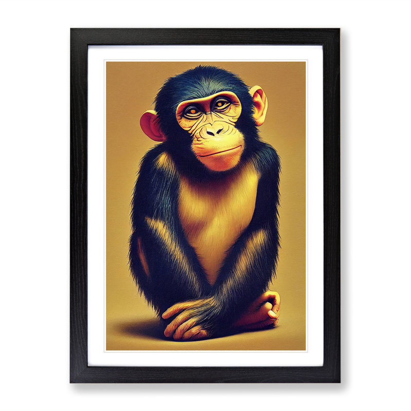 Young Monkey No.2 - Single Picture Frame Painting, 46cm H x 34cm W x 2cm D, Black