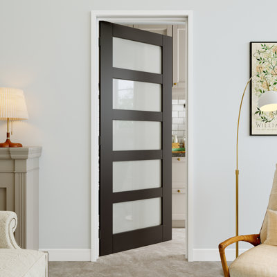 Porte pré-suspendue en verre givré noir 28 po x 80 po à 5 lumières avec charnières noires, dalle de porte d'intimité en verre, insonorisant et imperméable, combinaison pour la lessive, portes de placard, portes de chambre, main gauche