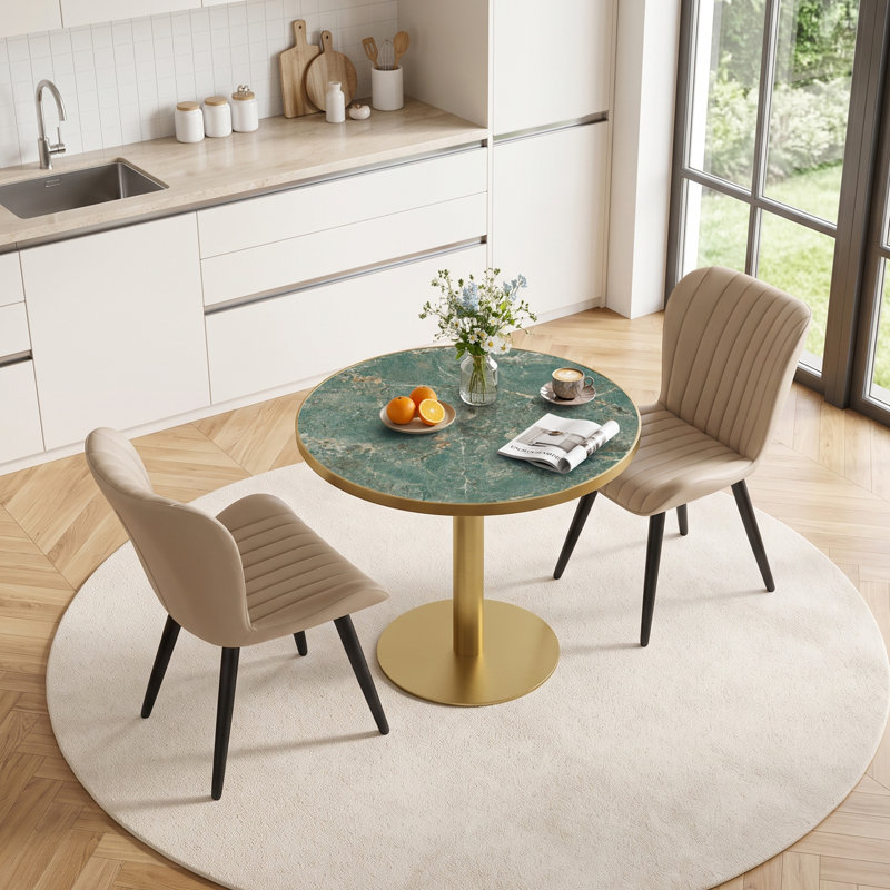 Table de salle à manger ronde de 80 cm (31,5 po), plateau en pierre frittée, aspect marbre, résistant aux rayures et à la chaleur, piètement moderne en acier inoxydable, idéale pour un coin repas, un café ou un bureau.