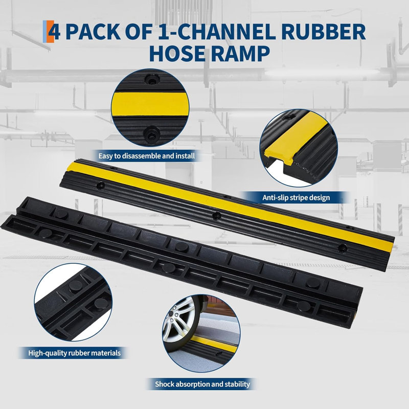 Paquet de 4 rampes de protection de câble en caoutchouc 1 canal robustes - capacité de charge de 22046 lb - bosse de protection de câble de plancher - pour allées, asphalte, béton - Taille: 102 x 15,5 x 3 cm