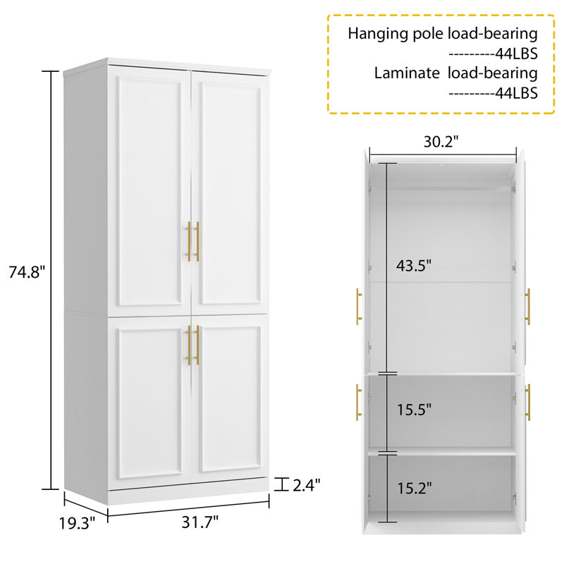 31.7" W 4-Door Wardrobe Armoire with Hanging Rod and 2 Storage Shelves