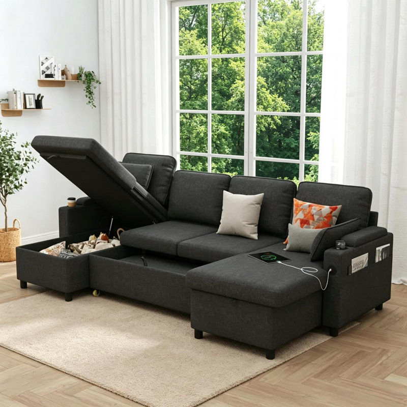 264.9cm Pillow Top Arms Commercial Use Sofa Bed, Grey Linen Blend