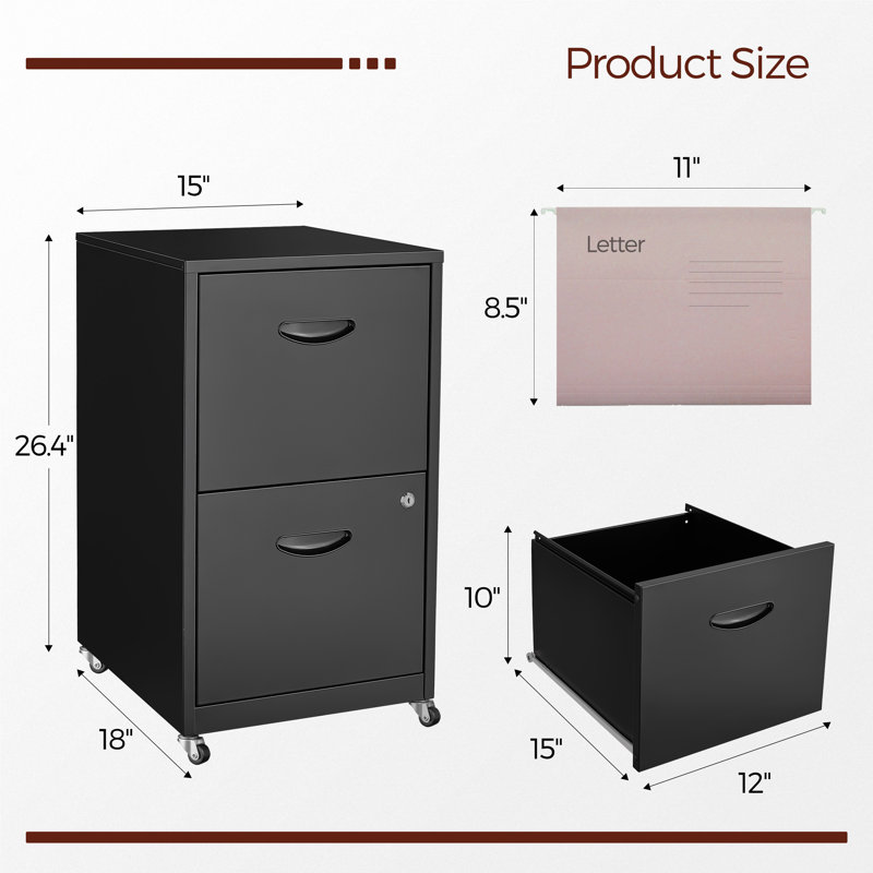 2 Drawer Mobile File Cabinet with Lock, Metal Filing Cabinets with Wheels, Vertical Rolling File Cabinet Fit Hanging Files, Letter and A4 Documents