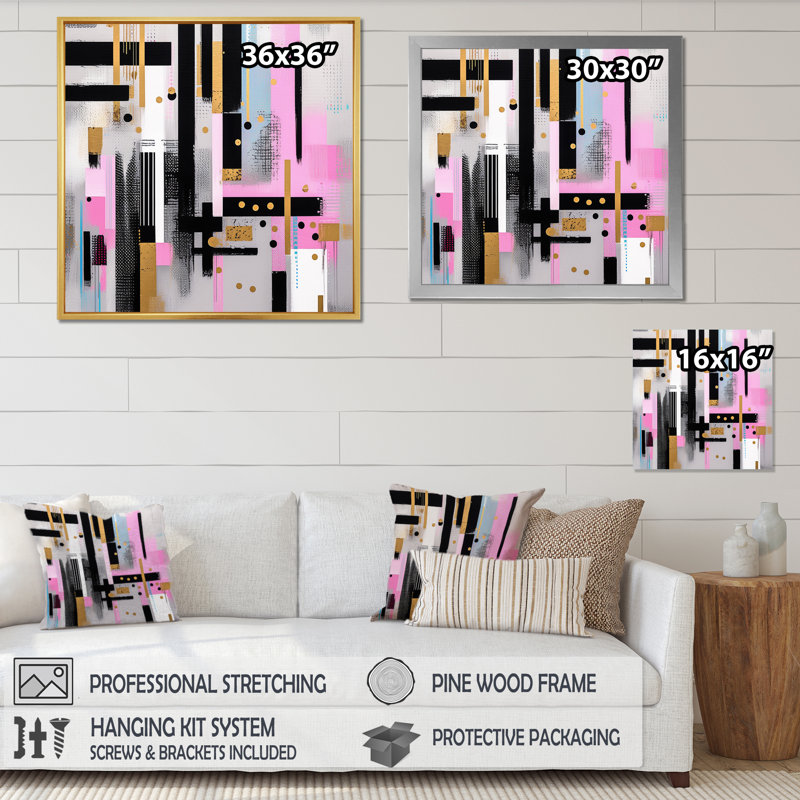 Rayures roses et dorées, Cadre simple noir, H 16 po x l 16 po x P 1 po