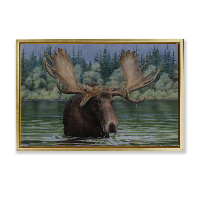  Orignal nageant dans le lac sur toile flottante par Valerie Rogers, H 17 po x l 25 po, Cadre flottant métallique doré