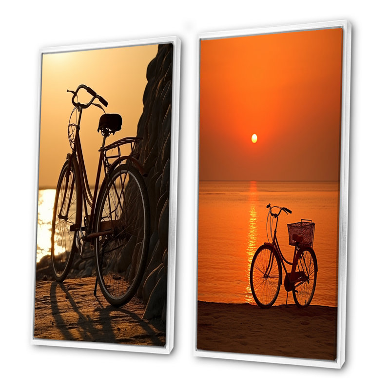 Coucher de soleil sur le coucher de soleil - ensemble d'art mural en toile de bicyclette de 2, Cadre blanc, H 32 po x l 33 po