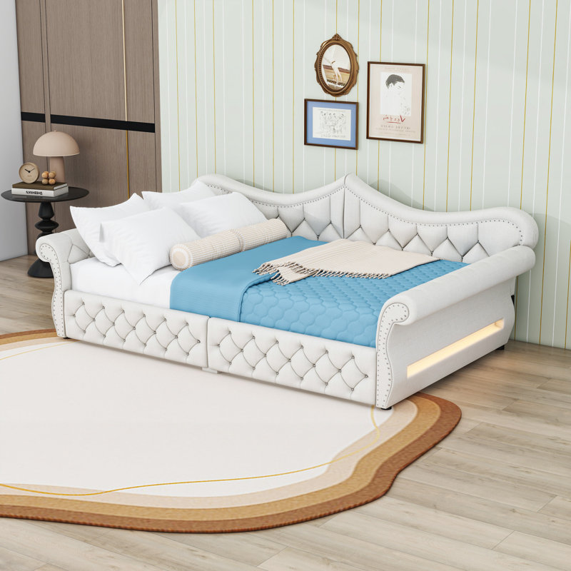 Upholstered Daybed with LED and Nailhead Trim, Beige