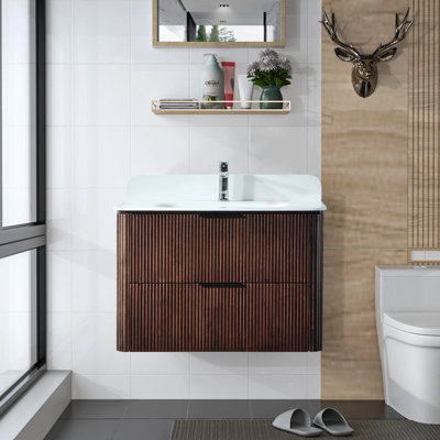 Fully Assembled 30'' Modern Walnut Floating Bathroom Cabinet Medieval-Style Wall-Mounted Bathroom Vanity
