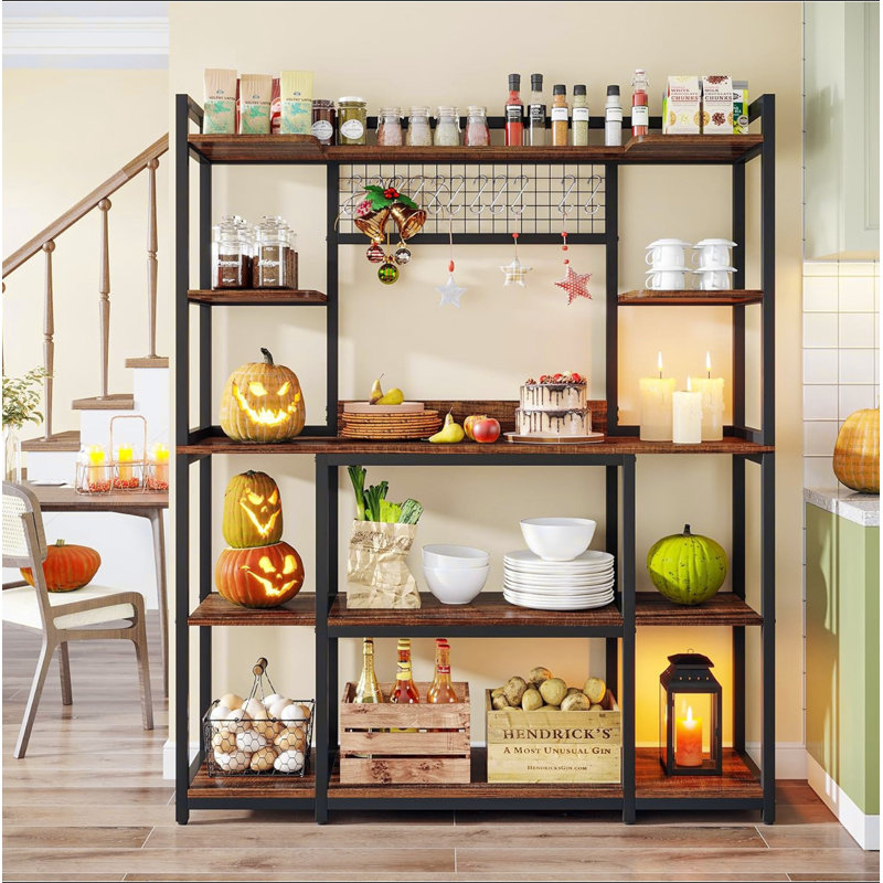 Grande étagère de boulanger de 55 po avec rehausse - étagère de cuisine industrielle à 5 niveaux avec crochets et support pour micro-ondes, organisateur d'armoire de cuisine avec structure en métal, support à garde-manger utilitaire