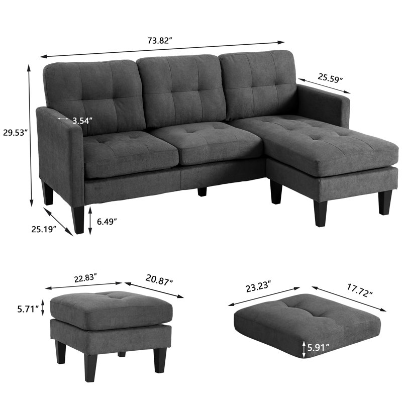 Canapé et chaise longue réversible avec repose-pieds Videlle, Lin gris